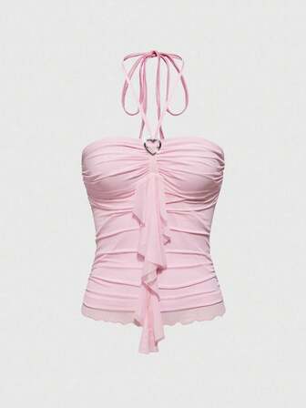 Kawaii Damen Herz-Dekor gerafftes Splice Bindeband Neckholder Camisole