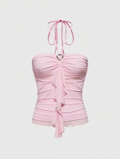 Kawaii Women's Heart Decor Ruched Splice Tie Neck Fitted Camisole
