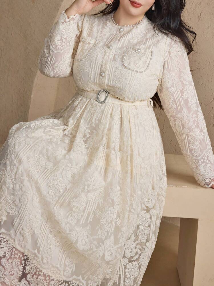 Dazy Plus Plus Size Women Square Collar Contrast Lace Elegant Fitted Long Sleeve Party Dress, Spring/Autumn Maxi Dress