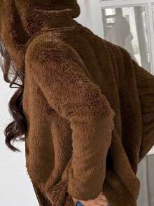 SHEIN EZwear 秋冬休闲慕斯棕色双面宽松连帽衫 - 摩卡棕 - 查看 7
