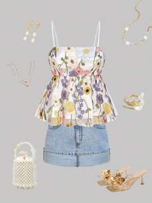 SHEIN MOD 女士优雅多色花卉刺绣吊带背心，适合夏季、秋季穿着，法式风情，休闲露台，尽显魅力，时尚秋装，秋季新款女装，花卉上衣，花朵上衣，夏季女士上衣 - 彩色 - 查看 3