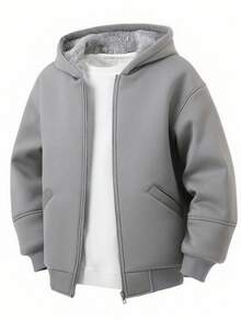 SHEIN Teen Boys' Gray Fluffy Lined Simple Silhouette Jacket, Casual Collegiate Style, Comfortable & Fashionable, Versatile & Practical, Soft Fabric, Suitable For Daily Wear, School, Outings, Outdoor Activities, Teen Boys Grey Hoodies Teen Boys Thermal Lined Hoodie Grey Hooded Jacket Teens Teen Boys Gray Hoodie Jacket Boys Gray Zip Up Hoodie Gray Jacket For Teens Boys Winter Hoodie Teen Hoodies Boys Zipper Jackets Hoodie With Pockets Boys Jackets For Teen Boys Jogging Plush Puffer Grey Gray Jacket Teen - Grey - View 4