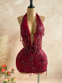 Soleia 2 件合身闪亮流苏亮片垂坠领吊带背心和迷你裙套装，适合音乐节、派对、中国红、年会、圣诞节、万圣节 - 酒紅色 - 查看 3