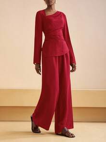 Zivah 2025秋冬新款通勤优雅休闲度假棕色不对称领褶皱长袖衬衫+高腰阔腿长裤女两件套，旅行、通勤、聚会、度假、复古风格、购物、宴会、优雅、派对、约会、休闲-A - 紅色 - 查看 6