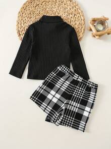 女婴可爱优雅针织黑色长袖T恤和格子松紧腰裙裤套装，秋冬 - 黑色 - 查看 2