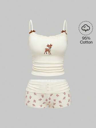 J-Fashion Set di blusa di pizzo con ricamo di cervi carini e pantaloncini abbinati con stampa di cervi