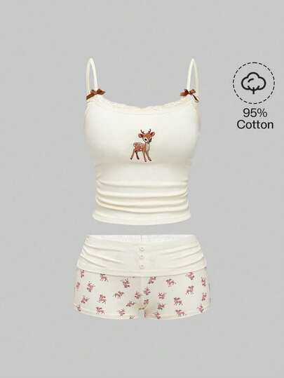 J-Fashion Niedliches Set aus bestickter Spitzen-Bluse mit niedlichem Hirschmuster und passenden Shorts mit Hirschdruck