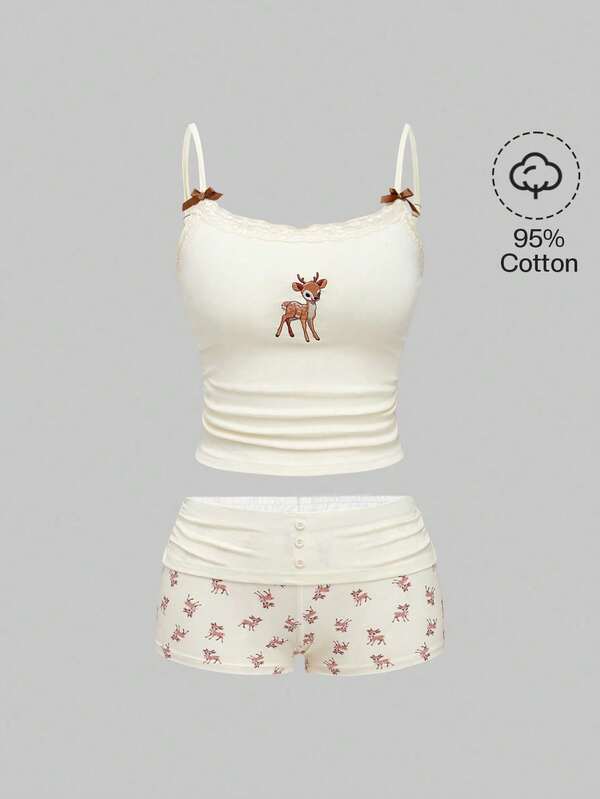 ROMWE J-Fashion Uroczy haftowany koronkowy top z motywem jelenia i pasujące spodenki z nadrukiem jelenia