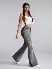 SHEIN PETITE Quần jeans ống loe thêu hoa thường ngày dành cho nữ - Xám - Xem 4