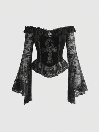 Goth Blusa romántica con hombros descubiertos, estilo vintage palaciego, con patchwork de encaje y bordado de cruz