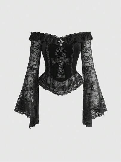 Goth Blusa gotica vintage in stile palazzo, con spalle scoperte, romantica, con inserti in pizzo e ricamo a croce
