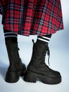 Sugerpunk Women's Dark Punk Goth Lace-Up Bat Motorcycle Boots, Platform Thick Sole Riding Ankle Boots For Christmas - Black - View 3