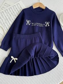 SHEIN Young Girl Slogan & Bow Decor Long Sleeve Sweater And Knit Mini Skirt Casual Set, Autumn/Winter - Blue - View 8