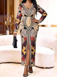SHEIN Lady Brown Dress Elegant Dresses For Party Long Party Dresses Luxury Evening Dresses For Women Shiny Dress Party Dress   Long Party Dress  Plus Size Women Geometric Print V-Neck Long Sleeve Split Hem Fitted Elegant Dress