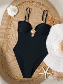 Swim Chiccia Maiô Elegante e Romântico com Decoração de Conchas, Verão - Preto - Visão 6