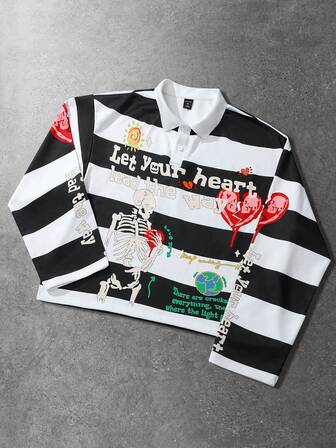 Street Life Herren Lässig Polo-Shirt mit Totenkopf- und Buchstaben-Muster, gestreift, Herbst