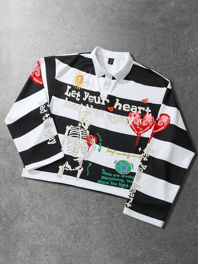 Street Life Men's Casual Skull & Letter Print Preppy Striped Polo Collar T-Shirt, Autumn