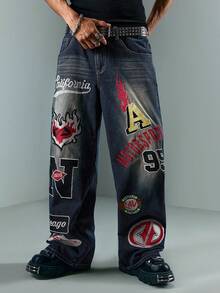 ROMWE MEN Grunge Punk Jeans rectos y sueltos con bordados y bolsillos para hombre, moda urbana - Azul - Ver 4