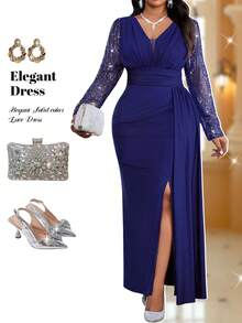 Fleurora 秋冬优雅派对婚礼鸡尾酒会音乐会/音乐节圣诞礼服撞色亮片修身连衣裙长裙大码V领长袖网眼拼接高开叉连衣裙女士婚礼宾客礼服优雅派对礼服派对礼服圣诞礼服婚礼宾客礼服女士秋季礼服 - 寶藍色 - 查看 2