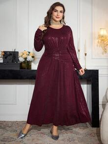 Modelyn 大码女式优雅亮片腰部收腰长款派对连衣裙，春秋季 - 酒紅色 - 查看 4