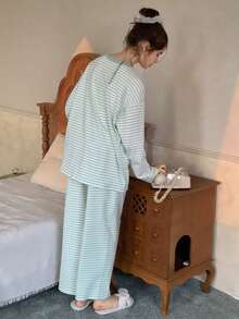 DAZY Ropa de estar en casa informal con cuello redondo y mangas largas a rayas para adolescentes - Verde - Ver 5