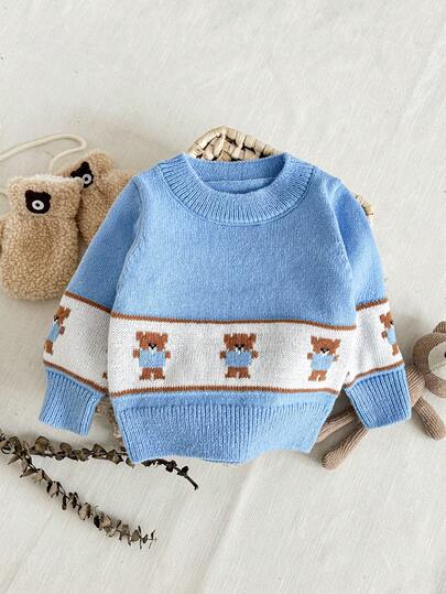 SHEIN Cute Bear Jacquard Knit Crew Neck Sweater For Toddlers