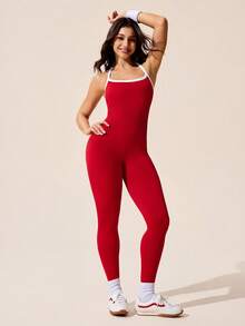 Gameset SHEIN Sport 2025 Sexy rückenfrei Damen Träger-Top Elastisch Spaghetti-Träger Sommer Sportbekleidung & Lässig Urlaubsoutfit - Rot - Übersicht 3