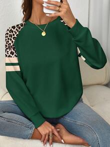 EMERY ROSE Green Contrast Leopard Print Long Sleeve Plus Size Sweatshirt - Multicolor - View 3
