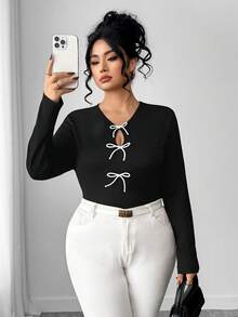 SHEIN Elenzya Áo thun bó eo cao cấp cổ tròn tay dài màu tương phản cỡ lớn dành cho nữ mặc thường ngày - Đen và trắng - Xem 1