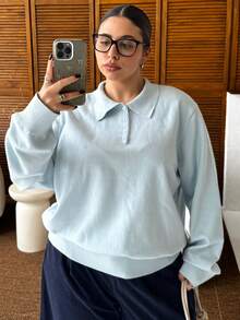 Dazy Plus Plus Size Women Solid Color Polo Collar Half-Placket Casual Pullover Sweater, Autumn/Winter - Blue - View 1