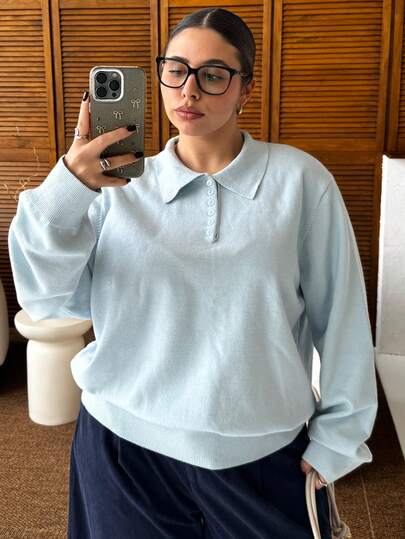 Dazy Plus Plus Size Women Solid Color Polo Collar Half-Placket Casual Pullover Sweater, Autumn/Winter