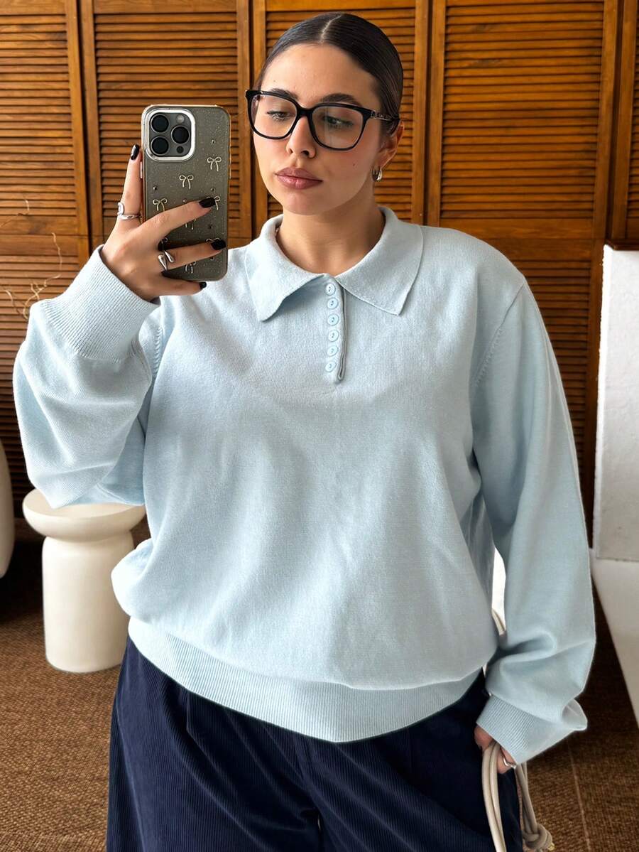 Dazy Plus Plus Size Women Solid Color Polo Collar Half-Placket Casual Pullover Sweater, Autumn/Winter - Blue - View 1