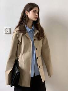 Dazy Kids 少女纯色长袖单排扣休闲口袋风衣，秋季 - 卡其色 - 查看 1