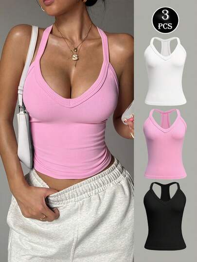  Dewbera 3pcs/Set Seamless V-Neck Camisole, Black/Pink/White, Yoga, Running, Fitness Sports Sexy Tops Women, Top Active Comfy Workout Gym Running Run Club, Padel, Tennis, Pickleball Gym
