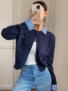 DAZY Cárdigan casual de mujer de manga larga con parches a cuadros y bordado de letras 2 en 1 - Azul Marino - Ver 5