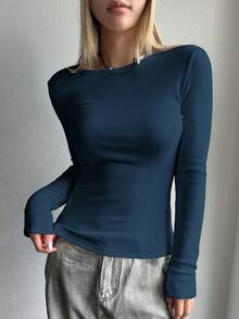 FRIFUL Women's Casual Solid Color Fleece T-Shirt, Versatile For Autumn/Winter Long Sleeve Women - Navy Blue - View 3