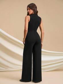 SHEIN Tall Bộ đồ liền thân không tay nhún bèo thanh lịch, màu đen trơn, gợi cảm và duyên dáng, thích hợp mặc hàng ngày, hẹn hò, đi chơi, tiệc tùng, trang phục đi chơi, bộ đồ liền thân ống rộng bất đối xứng, thích hợp mặc ngày lễ tình nhân, mặc hàng ngày, cỡ cao, dài hơn - màu đen - Xem 2