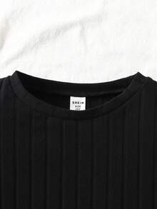 SHEIN 青少年女孩黑色针织喇叭袖上衣和开衩下摆格子裙套装，基本款和百搭款，休闲学院风服装，少女服装，开学季 - 黑色 - 查看 5