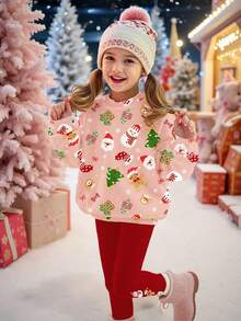 2pcs/Set Tween Girls Cozy Pink Christmas Themed Graphic Print Sweatshirt And Leggings Set,Cute Matching Family Soft Thermal Lined Autumn Outfit - Multicolor - View 1