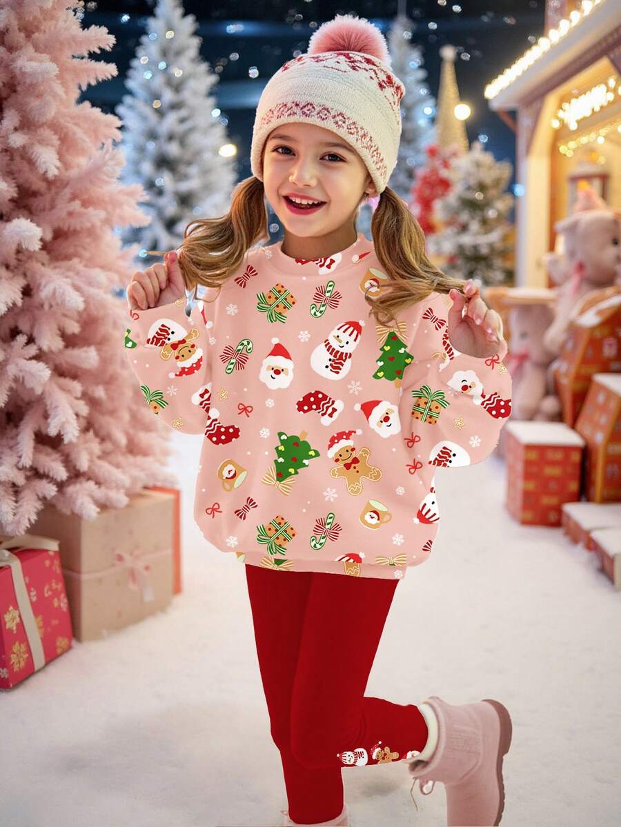 2pcs/Set Tween Girls Cozy Pink Christmas Themed Graphic Print Sweatshirt And Leggings Set,Cute Matching Family Soft Thermal Lined Autumn Outfit - Multicolor - View 1