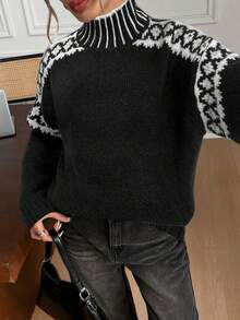 Serisse Women's Casual Colorblock Stand Collar Sweater, Autumn/Winter Black,Black Sweater,Fall,Fall Clothes For Women - Black - View 4