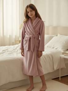 SHEIN 女童毛绒阻燃法兰绒睡袍，休闲简约长袖浴袍家居服，秋冬 - 粉色 - 查看 7