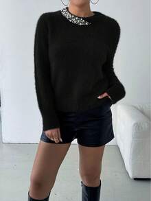 SHEIN Clasi 女士优雅串珠圆领毛衣，秋冬新年服装 - 黑色 - 查看 5