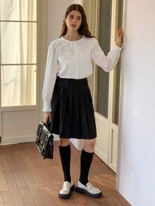 DAZY 少女纯色百褶休闲迷你裙 - 黑色 - 查看 8