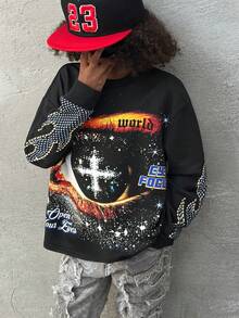 Coolane Kids Tween Boys  Fall/Winter,Streetwear  Grunge Essentials,Loose Casual Sports Round Neck Printed Sweatshirt Vintage Distressed Eye Graphic Black,Christmas, Clothes For New Year - Black - View 4