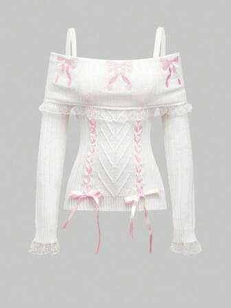 Kawaii Cute Himekaji Romantic Bow Ribbon Fitted Lace Off Shoulder Sweater For Women