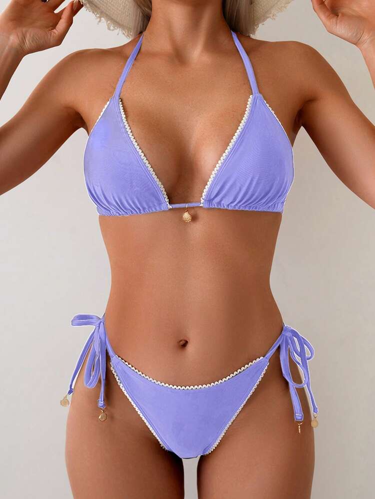 Swim Vcay 2pcs Women's Minimalist Sexy Lace Trim Triangle Bikini Set Set With Halter Neck Tie - Purple - View 3