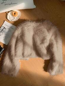 SHEIN Privé 秋冬大码女式仿皮草无领夹克 - 卡其色 - 查看 2