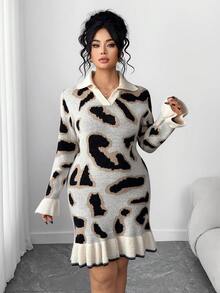 Elenzga Robe longue à manches longues ajustée avec col à volants imprimé léopard, élégante et confortable, grande taille - Multicolore - Voir 4