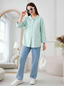 女孩/青少年女孩休闲条纹长袖长衬衫 - 薄荷綠 - 查看 9